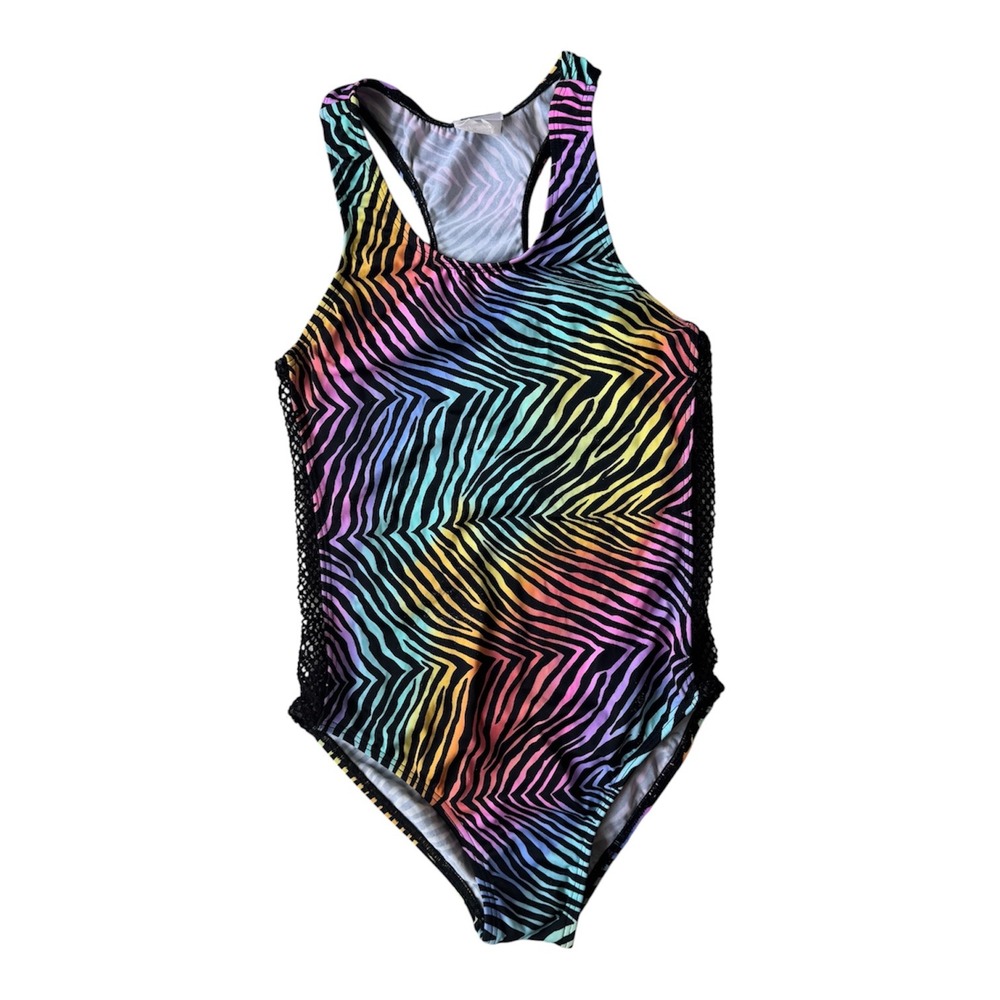 Vintage‎ Y2K Rainbow Zebra Print Girls One Piece Swimsuit Size 12 Mesh Trim